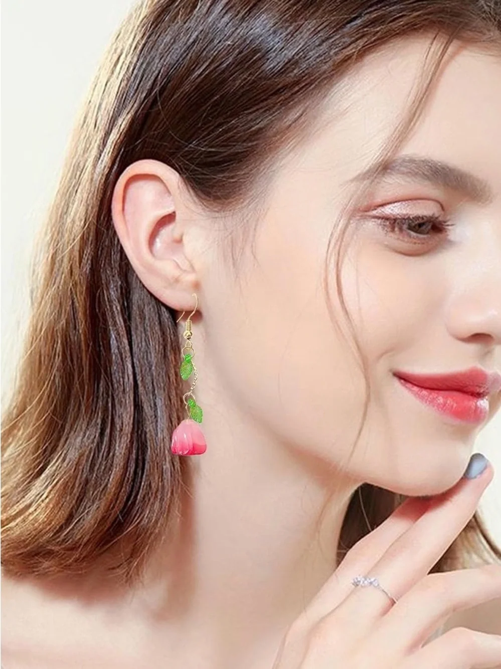Pink Flower Handmade Drop Earrings with Green Leaf Accents